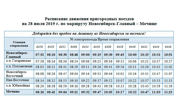 Расписание электричек Новосибирск – Мочище 28 июля: туда и обратно